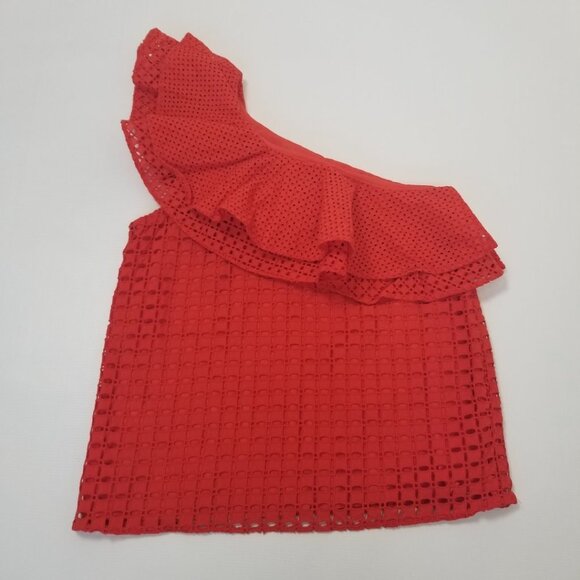 J Crew One Shoulder Eyelet Ruffle Top Size 00 - Picture 2 of 5